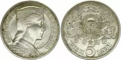 Letonia 5 Lati,  Milda - 1931 Silver