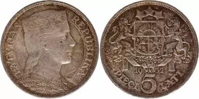 Lettonie 5 Lati Milda - 1932 Argent
