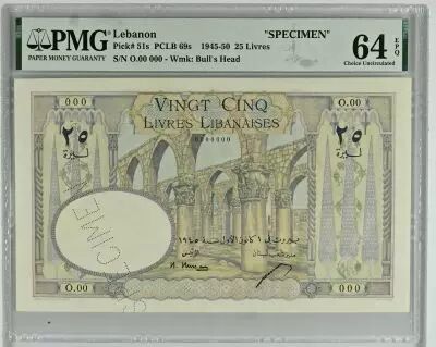 L�bano 25 Livres 1945 - Bank of Syria and Lebanon - Specimen - P.51s - PMG 64