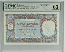 L�bano 5 Livres 1945 - Bank of Syria and Lebanon - Specimen - P.49s - PMG 63
