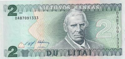 Lithuania 2 Litai - Motiejus Valan?ius - Trakai Island Castle - 1993 - DA Series