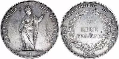 Lombardia-Venicia 5 Lire, Laurel Wreath - Italia - 1848 - Silver