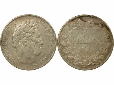 Louis Philippe I - 5 Silver Francs, Domard, 3rd Type - 1844 K Bordeaux