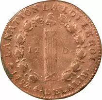 Louis XVI, Constitution - 12 Deniers with Fasces - 1792 D Lyon