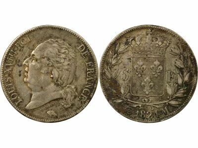Louis XVIII - 5 Silver Francs, Bare Head - 1824 M Toulouse