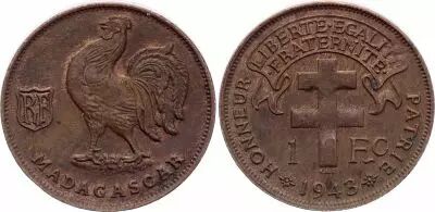 Madagascar  1 franc Madagascar - Pretoria, coq - 1943