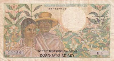 Madagascar 1,000 francs - Vanilla flowers - Zebus pulling a cart - ND (1964-1970) - Series E.4