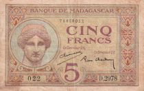 Madagascar 5 Francs - Goddess Juno - 1937 - Sign. Chaudun - Serial D.2978 - F to VF - P.35