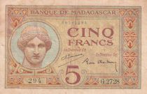 Madagascar 5 Francs - Goddess Juno - 1937 - Sign. Chaudun - Serial G.2728 - VF - P.35