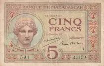 Madagascar 5 Francs - Goddess Juno - 1937 - Sign. Chaudun - Serial R.3159 - F to VF - P.35