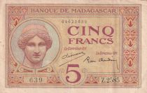 Madagascar 5 Francs - Goddess Juno - 1937 - Sign. Chaudun - Serial Z.2585  - VF - P.35