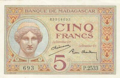Madagascar 5 Francs - Portrait de Junon - Fond de fleures de lys - ND (1937-1947) - P.2533