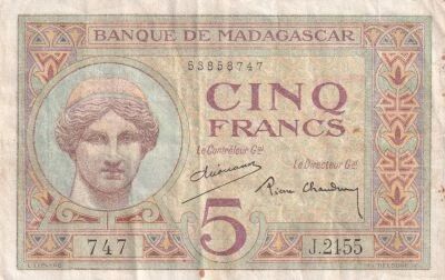 Madagascar 5 Francs - Portrait of Juno - Background of fleurs-de-lis - ND (1937-1947) - Series J.2155