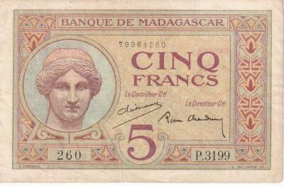 Madagascar 5 Francs - Portrait of Juno - background of stylized fleurs-de-lis - ND (1926-1947) - Series P.3199