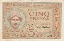 Madagascar 5 Francs Déesse Junon - 1937 - Sign. Chaudun - Série U.1792 - TTB - P.35