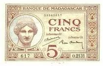 Madagascar 5 Francs Goddess Juno - 1937 - Serial B.2983
