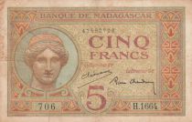 Madagascar 5 Francs Goddess Juno - 1937 - Sign. Chaudun - P.35 - Serial H.1664 - VF - P.35