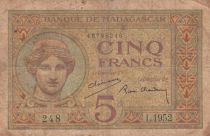 Madagascar 5 Francs Goddess Juno - 1937 - Sign. Chaudun - P.35 - Serial l.1952
