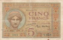 Madagascar 5 Francs Goddess Juno - 1937 - Sign. Chaudun - P.35 - Serial V.1958 - VF - P.35