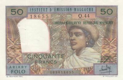 Madagascar 50 francs - Woman with a hat - Man in the centre - ND (1964-1973) - Series Q.44