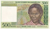 Madagascar 500 Francs -  Young girl - Herdsmen - ND (1994) - Low serial A00001813 - P.75a