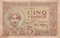 Madagaskar 5 Francs - Goddess Juno - 1937 - Sign. Chaudun - Serial D.2978 - F to VF - P.35