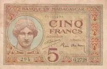 Madagaskar 5 Francs - Goddess Juno - 1937 - Sign. Chaudun - Serial G.2728 - VF - P.35