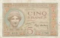 Madagaskar 5 Francs - Goddess Juno - 1937 - Sign. Chaudun - Serial J.1781
