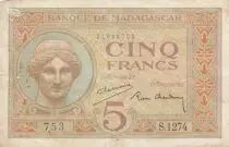 Madagaskar 5 Francs - Goddess Juno - 1937 - Sign. Chaudun - Serial S.1274