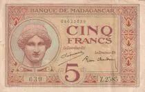 Madagaskar 5 Francs - Goddess Juno - 1937 - Sign. Chaudun - Serial Z.2585  - VF - P.35