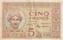 Madagaskar 5 Francs - Juno - ND (1937) - Sign. Chaudun - Serial B.3042 - P.35