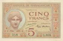 Madagaskar 5 Francs Goddess Juno - 1937 - Sign. Chaudun - P.35 - Serial L.3034