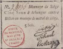 Magonza 5 Sols Black, red stamping in circle - May 1793 - Serial A