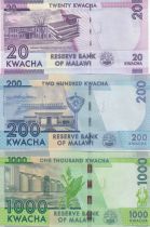 Malawi Série 3 billets  - 20, 200 et 1000 Kwacha 2012 à 2016