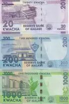 Malawi S&eacute;rie 3 billets  - 20, 200 et 1000 Kwacha 2012 &agrave; 2016