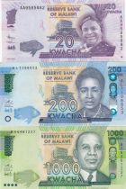 Malawi Set of 3 banknotes  -  20, 200 and 1000 Kwacha 2012 to 2016