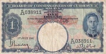 Malaya $1 - George VI - Coat of Arms - 1941 - Series K/44