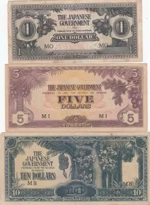 Malaya S�rie 3 billets - Occupation Japonaise 1942-1945 - 1 - 5 et 10 dollars
