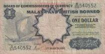 Malaya y Born&eacute;o 1 Dollar  Boat - Fishermens - 1959 - VG to F - Serial B 59 - P.8a
