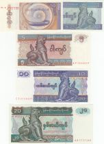 Maldives Set of 5 banknotes  -  0.50, 1, 5, 10, 20 Kyats  - 1994 to 1997