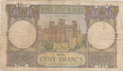 Marruecos 100 Francs - Fortress - 14-05-1941 - Serial T.950