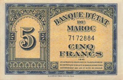 Marruecos 5 Francs - 01-08-1943 - P.24a