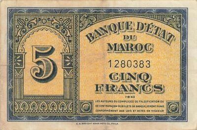 Marruecos 5 Francs - 01-08-1943 - P.24a