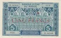 Marruecos 5 Francs Blue and green - 1924 - Serial R.4044 - VF to XF - P.9