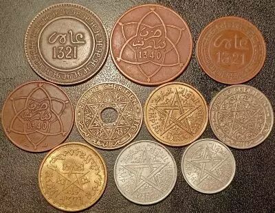 Marruecos Lot of 10 coins - Cherifian Empire - Years AH 1320 to 1371