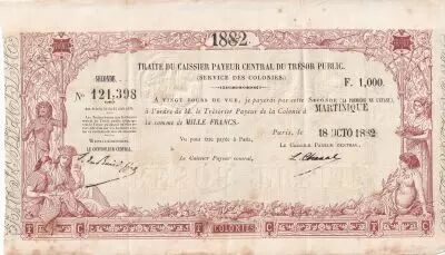 Martinica 1000 Francs - French colonial note - Sign. Chazal - 18-10-1882- Kol.N�45