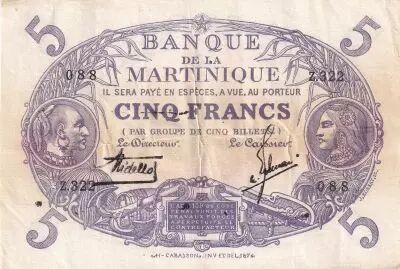 Martinica 5 Francs - Cabasson - Violet - 1901 (1934) - Serial X.283 - P.6