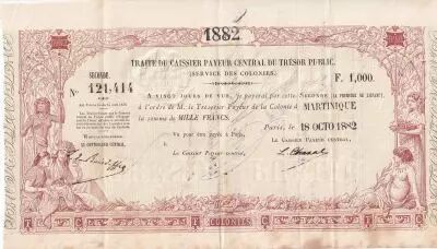 Martinique 1000 Francs - Traite du Tr�sor Public - Sign. Chazal - 18-10-1882- Kol.N�45