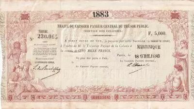 Martinique 5000 Francs - Traite du Tr�sor Public - Sign. Chazal - 18-04-1883 - Kol.N�46var