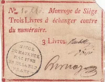 Mayence 3 lib=vres Red, blackstamping in circle - May 1793